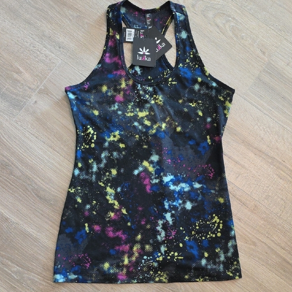 lukka Tops - lukka Black Galaxy Print Racerback Tank with Yellow Blue Pink Splatter
